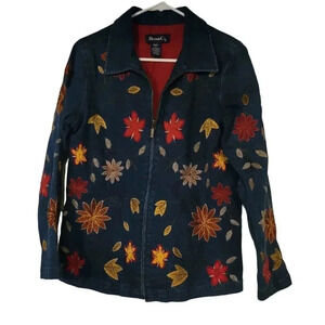 Denim & Co Womens Fall Floral Embroidered Zip Front Denim Shirt Jacket Sz S Blue